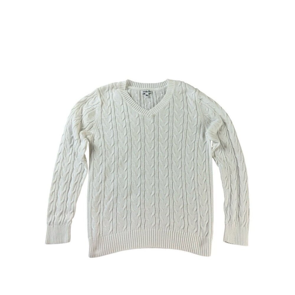 Croft & Barrow White V-neck Long Sleeves Cable Knit cotton pullover sweater L